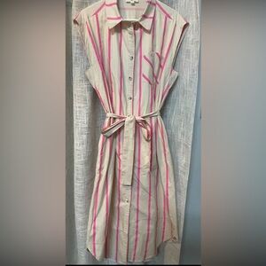entro Pink-Striped Midi Shirt Dress with Tie Belt